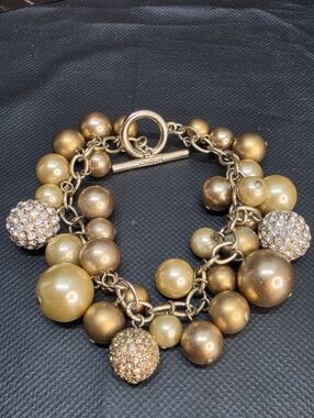 Carolee Gold Pearl Charm Bracelet Pave Rhinestone Statement Size 7
